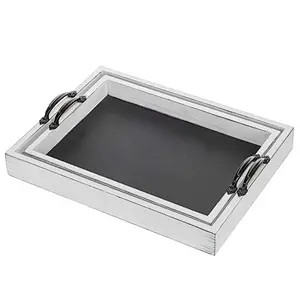 Nesting Vintage Whitewash Wood Serving Trays With Chalkboard Surface Set of 2 Wooden Tray With Handle Wooden Tray