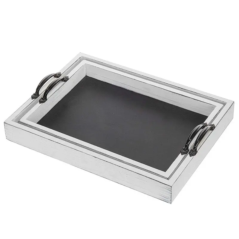 Nesting Vintage Whitewash Wood Serving Trays With Chalkboard Surface Set of 2 Wooden Tray With Handle Wooden Tray
