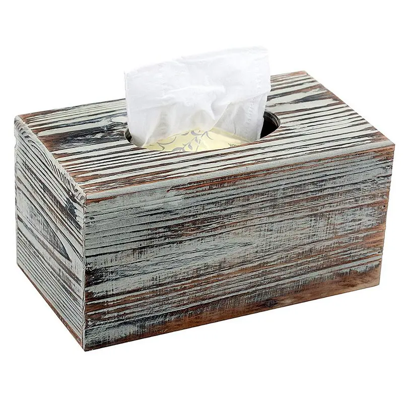 Decorative Rustic Torched Wood Rectangular Facial Tissue Box Cover Holder