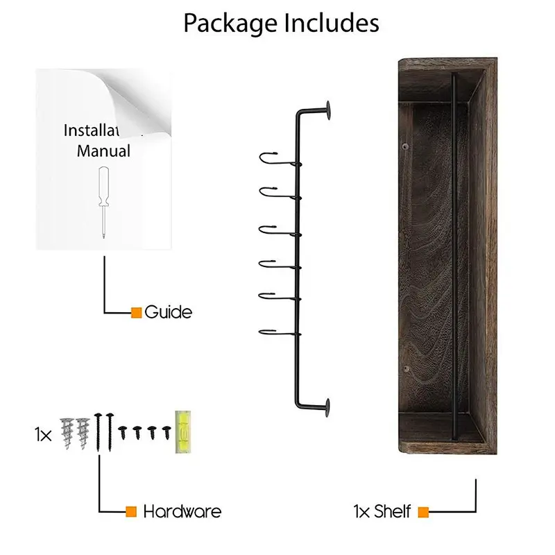 Wall Mount Floating Shelf with Rail and Hooks | Farmhouse Design 20 Inch Torched Distressed Wood Vintage