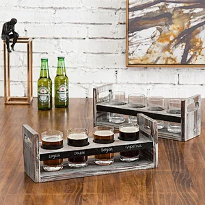MyGift Set of 2 Torched Wood Beer Flight Serving Caddies with Chalkboard Panels & 4 Tasting Glasses