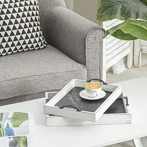 Nesting Vintage Whitewash Wood Serving Trays With Chalkboard Surface Set of 2 Wooden Tray With Handle Wooden Tray