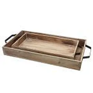 Brown Wood Serving Tray  with Metal Handles in set of 2