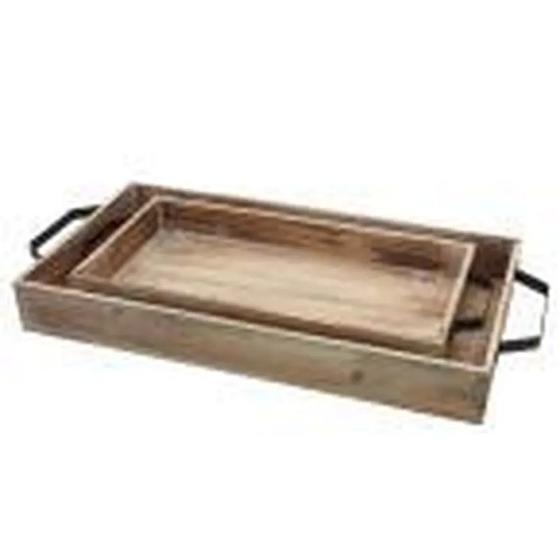 Brown Wood Serving Tray  with Metal Handles in set of 2