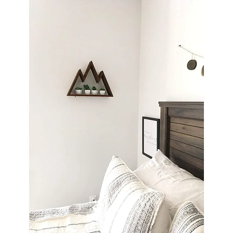 Mkono Wall Shelf Wood Floating Mountain Shelf Crystal Display Shelf Rustic Triangle Wall Art Geometric Decor for Nursery