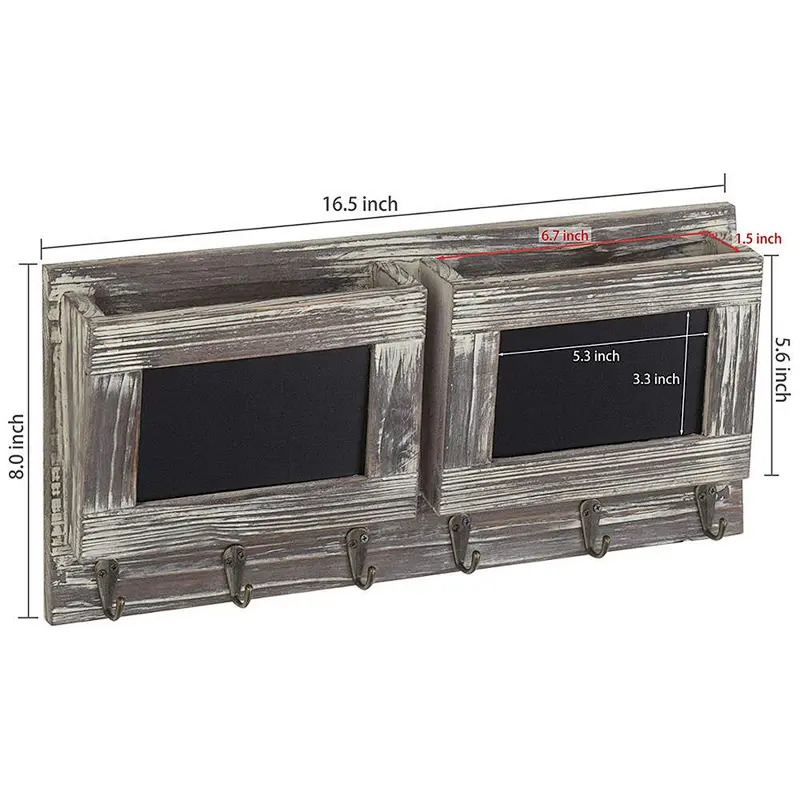 Mail Sorter Organizer Wood Key Holder Organizer, Slot Rustic Wall-Mounted Wood Mail Holder with 6 Key Hooks and Chalkboard Label