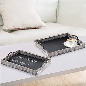 Rustic Style Wood Chalkboard Surface Nesting Breakfast with Decorative HandlesServing Trays