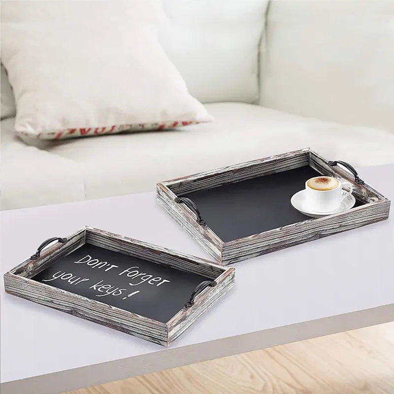 Rustic Style Wood Chalkboard Surface Nesting Breakfast with Decorative HandlesServing Trays