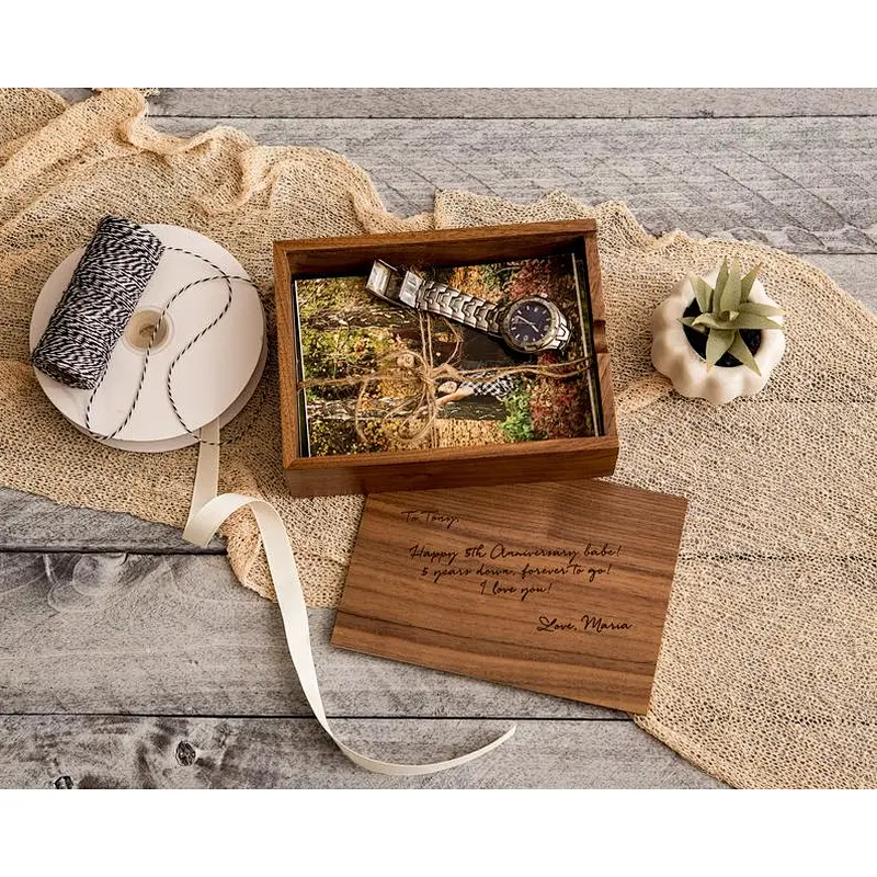 Wood Anniversary Gift Boxes- Engraved Memory Boxes - 4x6 or 5x7 Walnut Photo Keepsake Storage Box