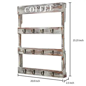 Hook Rustic Wall-Mounted Wood Coffee Mug Holder, Kitchen Storage Rack, Brown