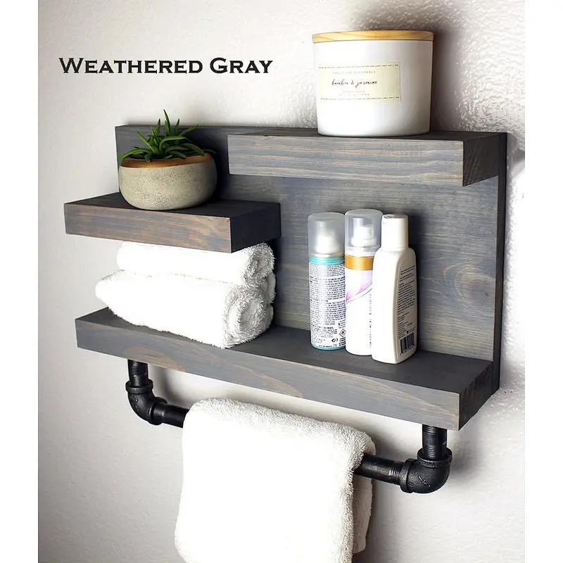Bathroom Shelf with Industrial Farmhouse Towel Bar, Bathroom Wall Decor Espresso, Country Rustic Storage