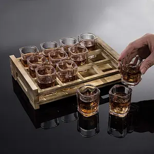 12 Shot Glass Server with Rustic Burnt Wood Tray