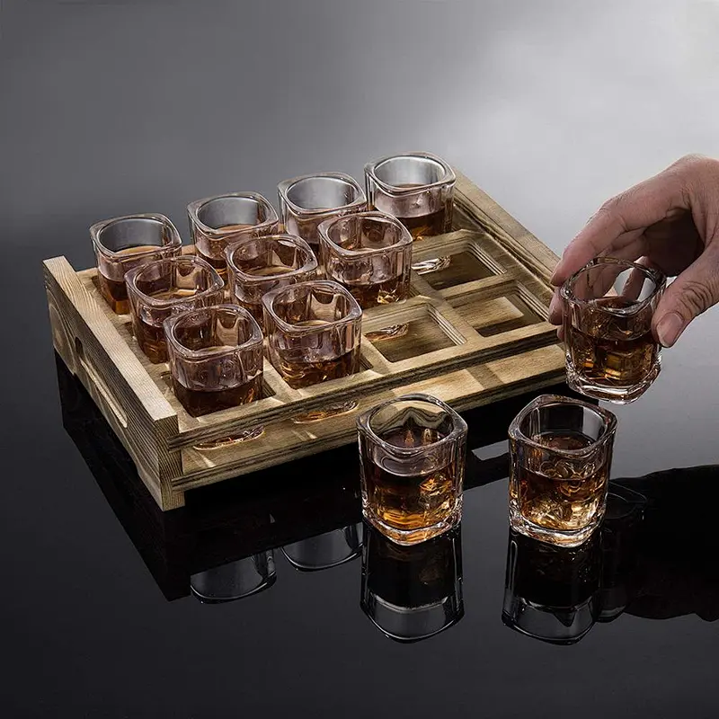12 Shot Glass Server with Rustic Burnt Wood Tray