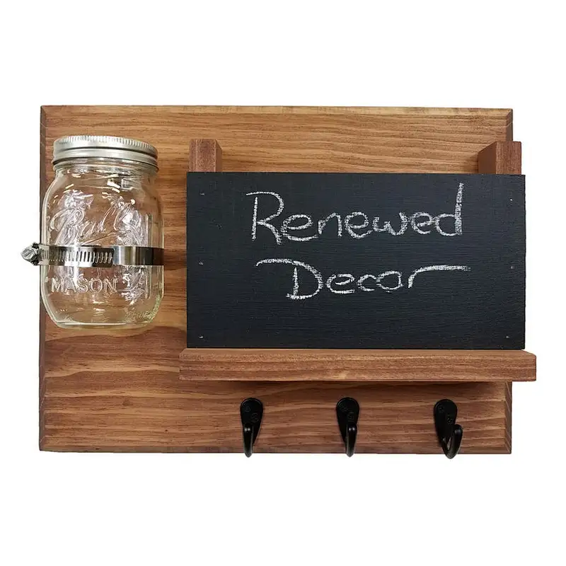 Hamilton Mail Organizer with Chalkboard and Decorative Mason Jar Vase, Single Hooks, Available in 20 Stains