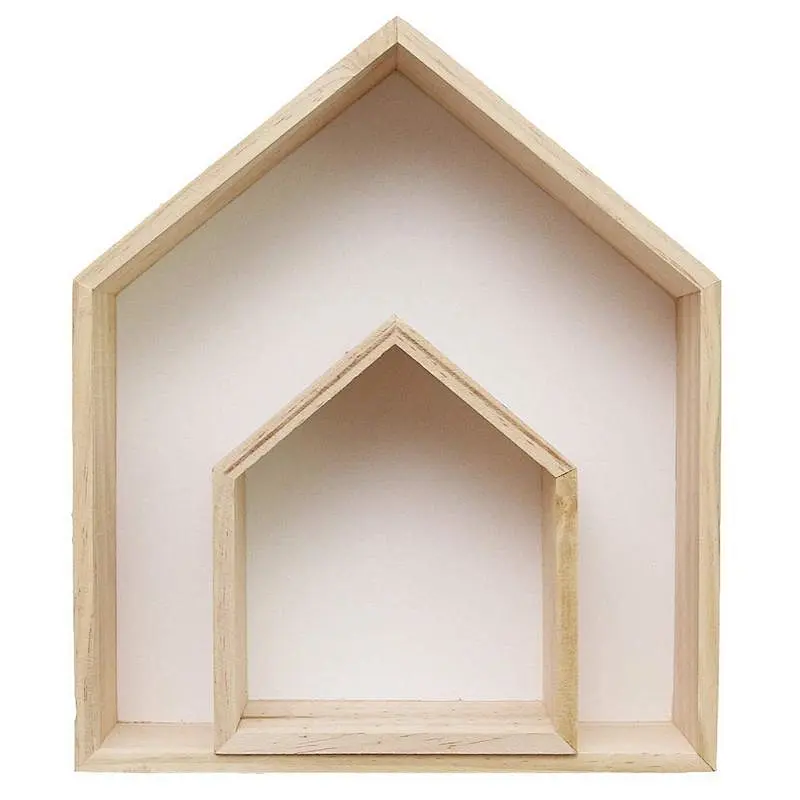 1 2Pcs Lovely Wooden House-Shaped Wall Storage Shelf Kid'S Room Decoration