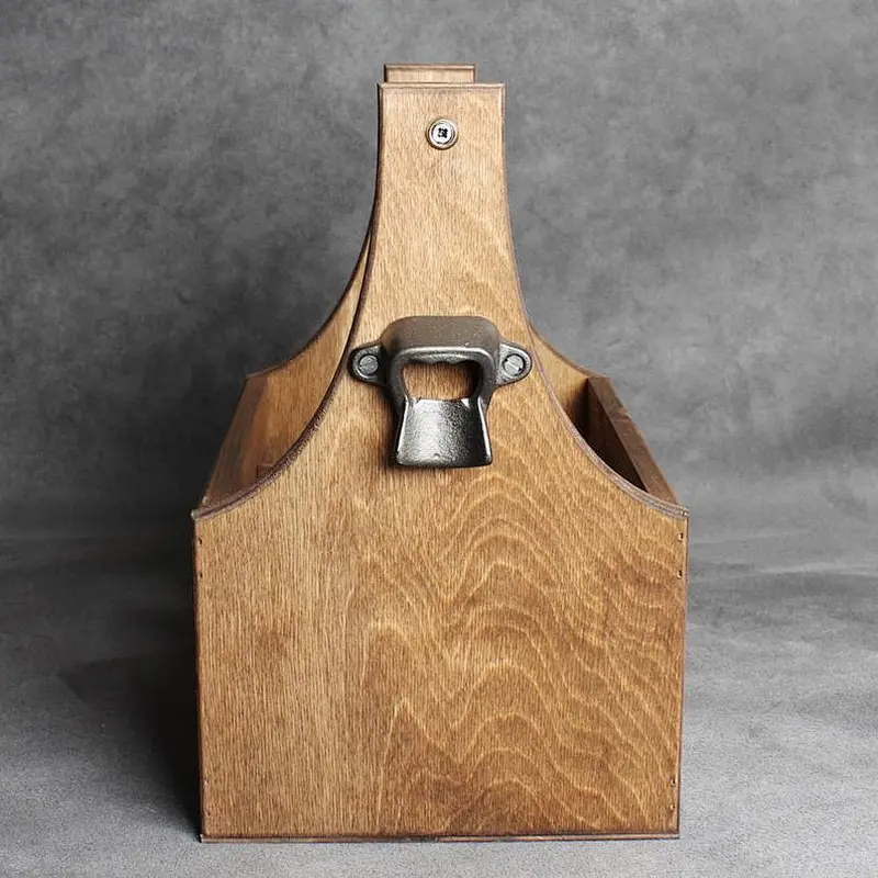 6 x Bottle Vintage Wooden Beer Carrier Holder + Cast Iron Bottle Opener - 5th/6th Anniversary Christmas Man Dad Men Fathers Day