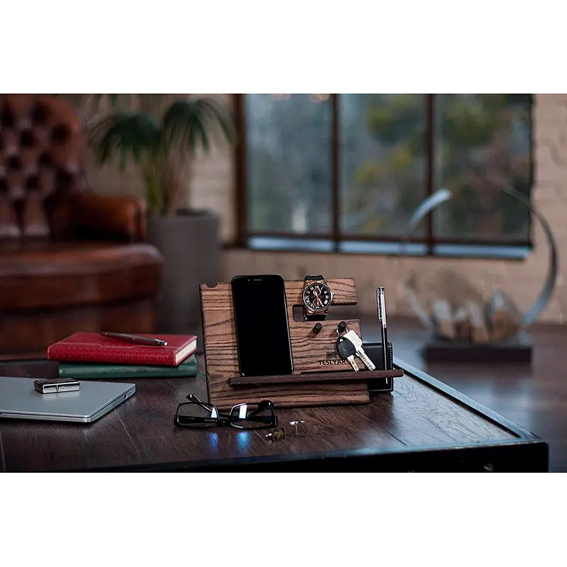 Mens wood phone docking station desk mobile phone holder docking station wood