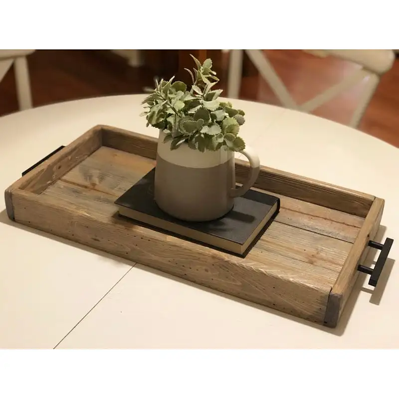 Hot Rustic Wooden Tray Serving Tray Wood Wooden Trays For Decoration Wooden Tray  With Metal Handle Wood Trays Wholesale Wood