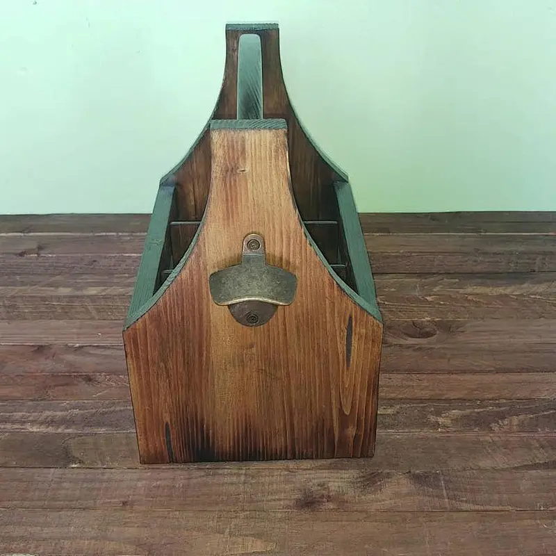 Rustic Farmhouse Wooden Beer Soda Caddy Bottle Carrier with Bottle Opener