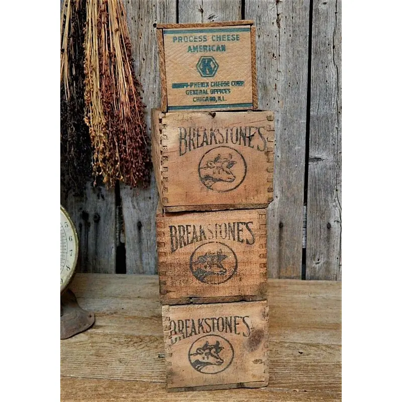 4 Vintage Primitive Wood Cheese Crate Box Dairy Farm Advertising Lot -Wood Crates  Storage, Decoration