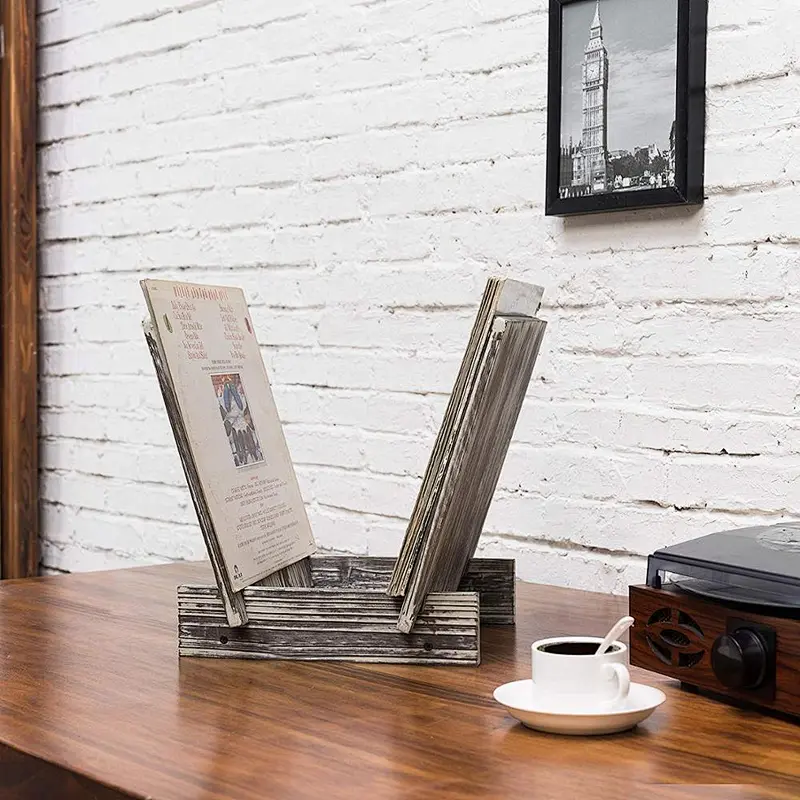 Rustic Torched Wood Vinyl Record Display Stand Home Decor Accents