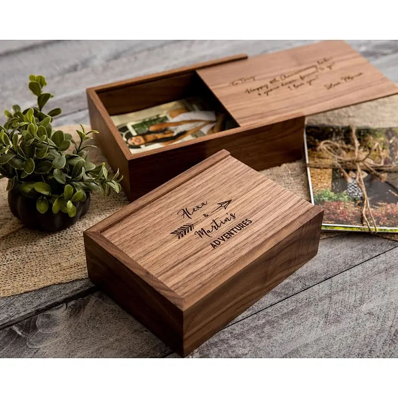 Wood Anniversary Gift Boxes- Engraved Memory Boxes - 4x6 or 5x7 Walnut Photo Keepsake Storage Box