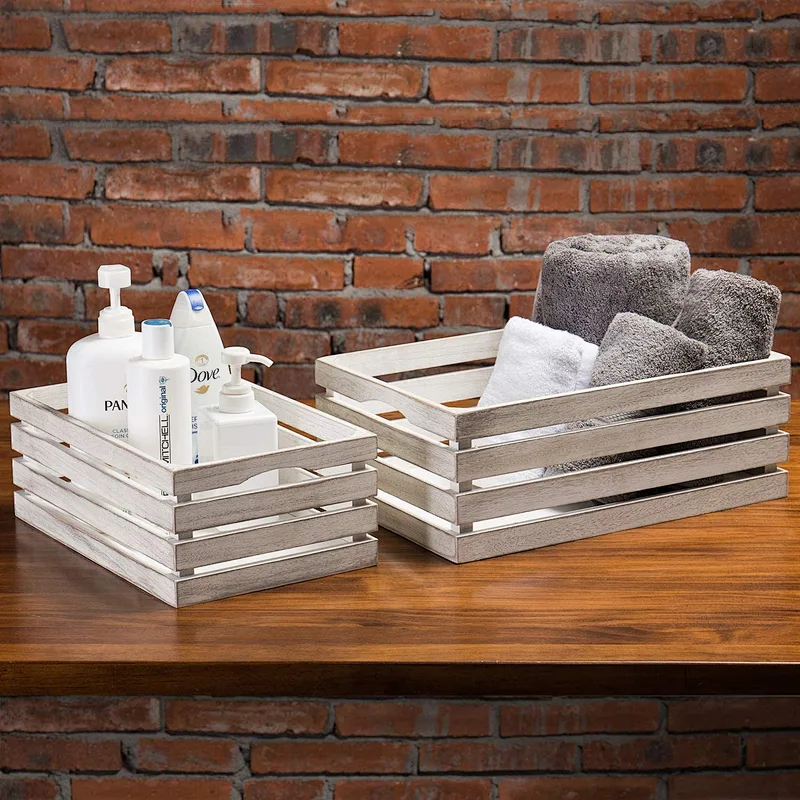 MyGift Vintage Whitewash Wooden Nesting Storage & Accent Crates, Set of 2