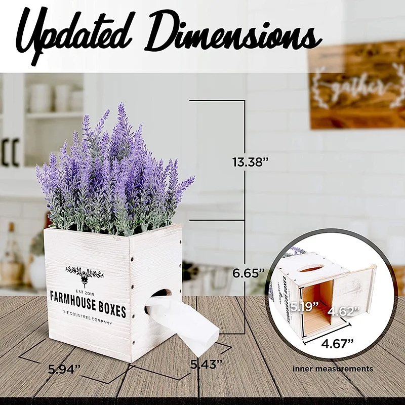 Countree Rustic Tissue Box Cover - Farmhouse Tissue Box Holder with Faux Lavender Arrangement