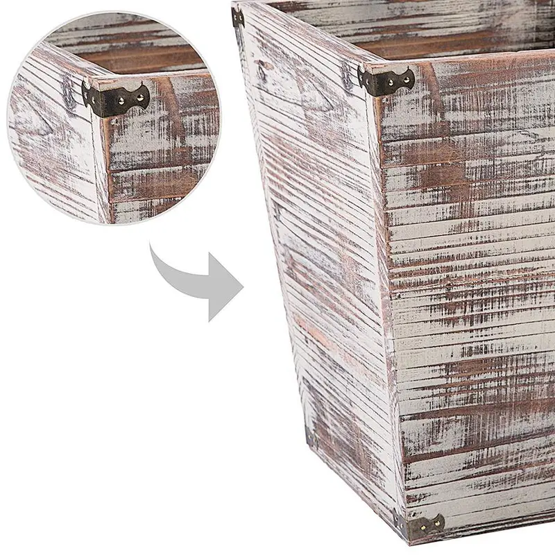 Farmhouse Style Torched Wood Square Wastebasket Bin with Decorative Metal Brackets