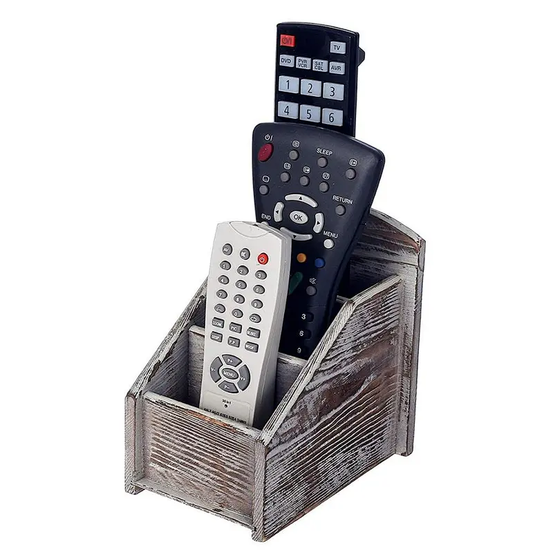 Rustic Wood Remote Control Caddy, 3 Slot Office Supply Storage Rack, Brown