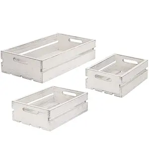 Vintage Whitewash Wood Nesting Storage Crates with Handles, Set of 3