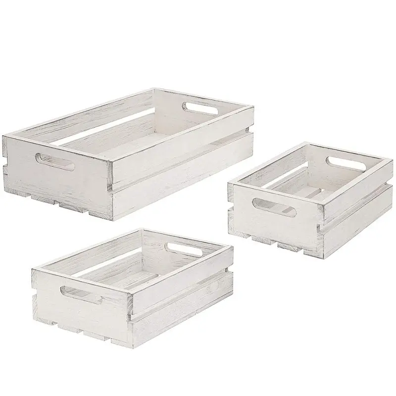 Vintage Whitewash Wood Nesting Storage Crates with Handles, Set of 3