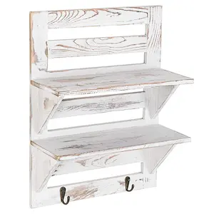 Rustic Whitewashed Wood Wall-Mounted Shelf Rack with Key Hooks