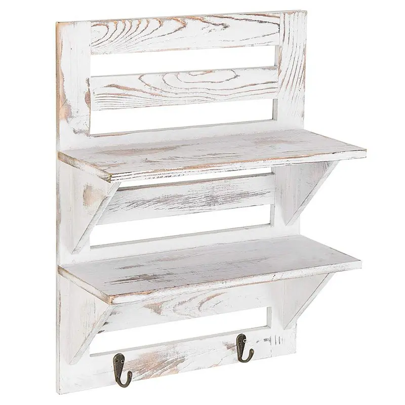Rustic Whitewashed Wood Wall-Mounted Shelf Rack with Key Hooks