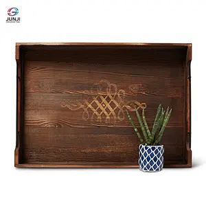 Rustic brown wooden nested breakfast tray with handle, 2 pieces