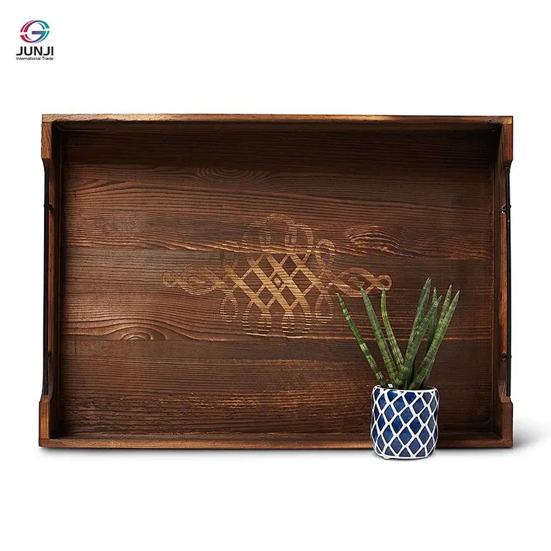 Rustic brown wooden nested breakfast tray with handle, 2 pieces