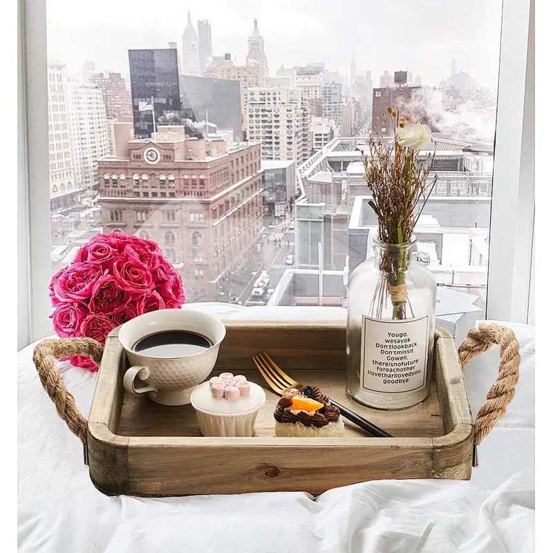 Wood Serving Tray with Jute Rope Handle Vintage Rustic Farmhouse Wooden Breakfast Tray