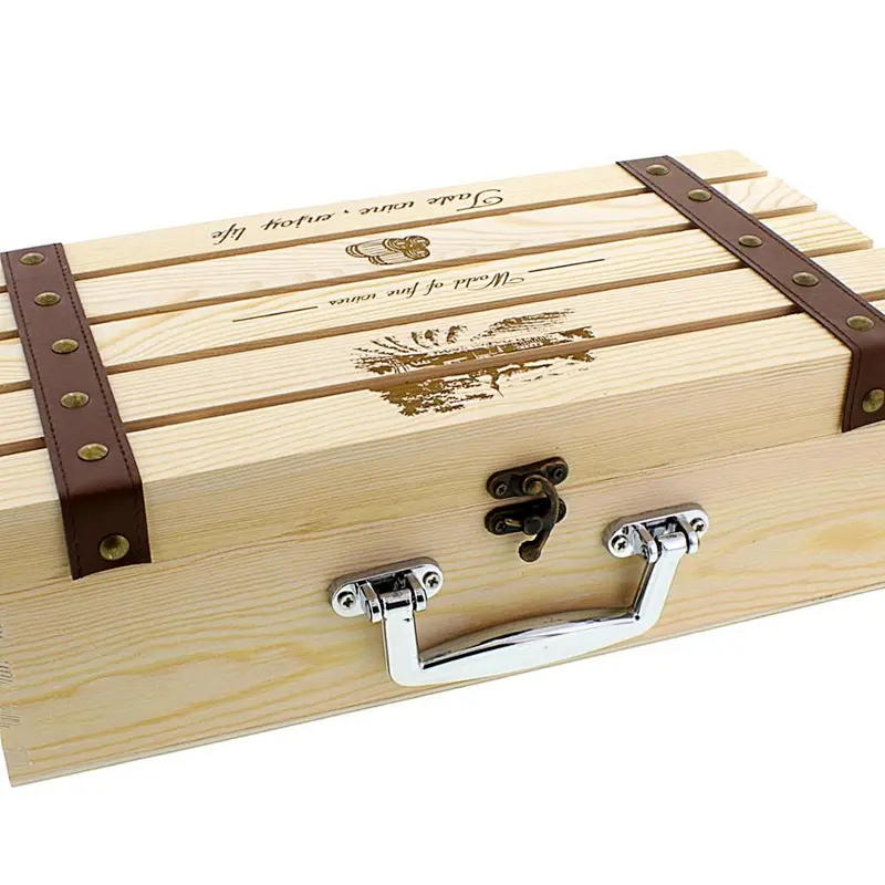 wine wooden box single gifts with lid box wooden wine  Design Natural Pine Wood Crate Two Wine Bottles Travel Storage Gift Box