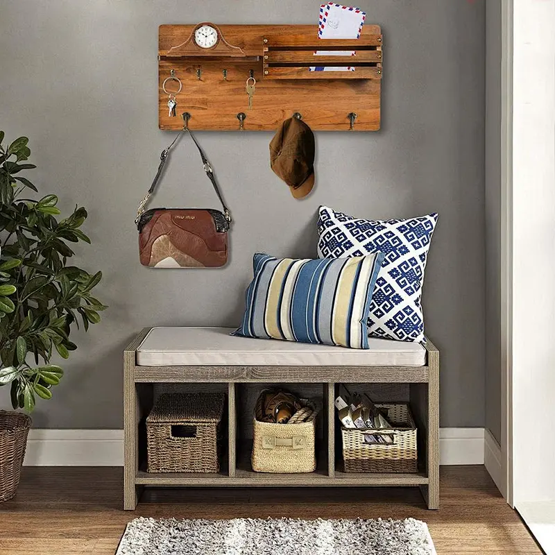 Wall Mounted Coat Rack Shelf Entryway Organizer with Key Hook and Mail Slot - Rustic Farmhouse Decor Solid Pine Wood