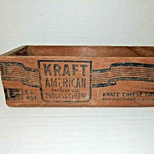 Vintige Cheese Wooden Box Crate With Blue Graphics For Sale