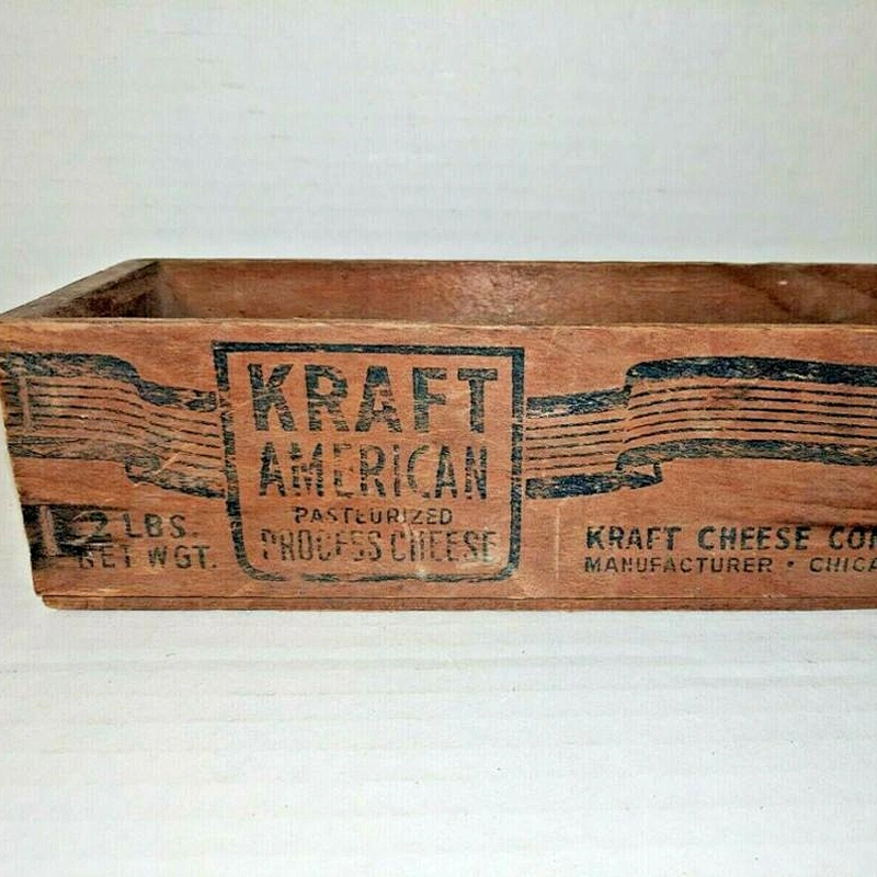 Vintige Cheese Wooden Box Crate With Blue Graphics For Sale