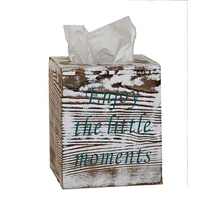 Antique wooden paper towel box cover includes box clip with slide-out backplate, with 2 motto prints, ideal for farmhous