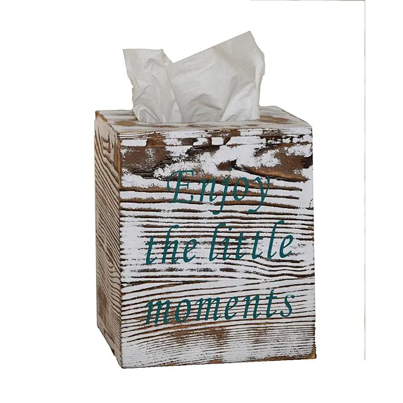 Antique wooden paper towel box cover includes box clip with slide-out backplate, with 2 motto prints, ideal for farmhous