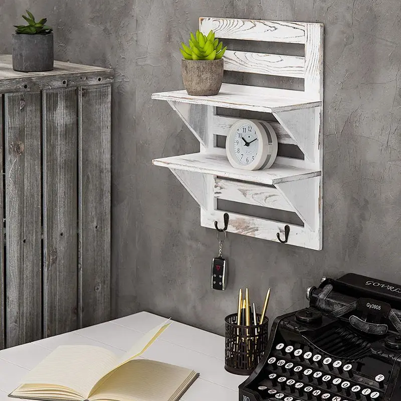 Rustic Whitewashed Wood Wall-Mounted Shelf Rack with Key Hooks