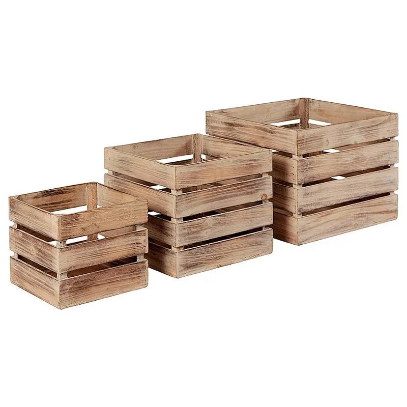 Stone & Beam Farmhouse Antique Wood Storage Basket Bins - Set of 3 Custom Wooden Crate Storage Box