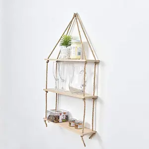 Hanging Planter Shelf Wall - Floating Swing Storage Shelves Jute Rope Organizer Rack 3 Tier Handmade Shelves Wall-Hanging