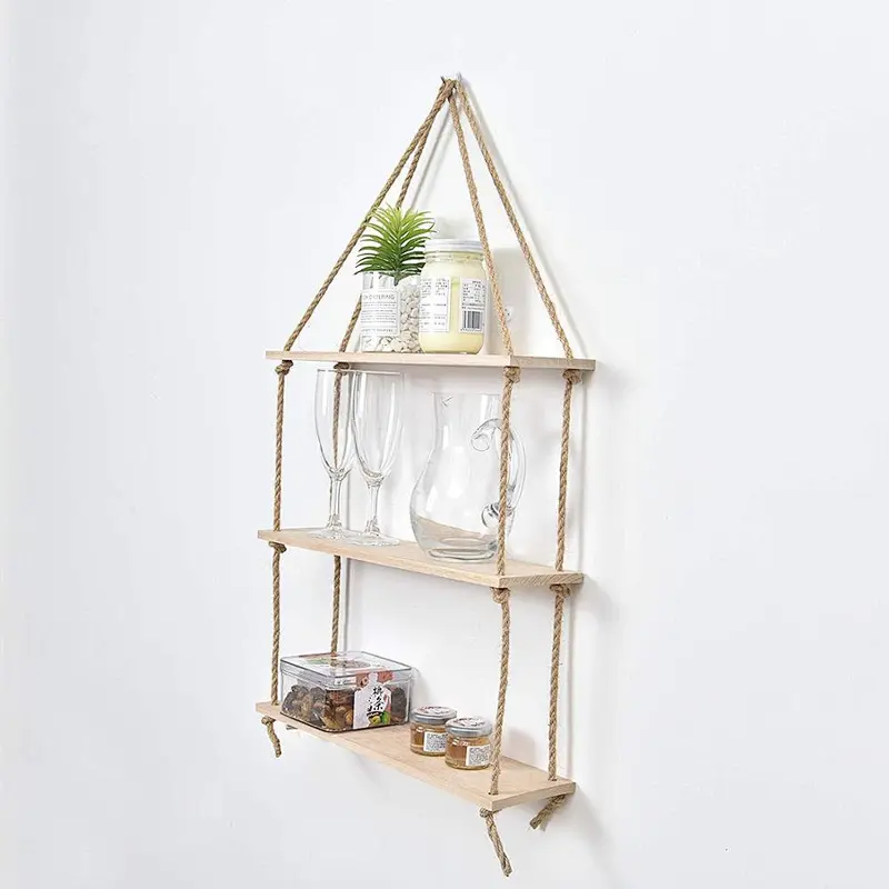 Hanging Planter Shelf Wall - Floating Swing Storage Shelves Jute Rope Organizer Rack 3 Tier Handmade Shelves Wall-Hanging