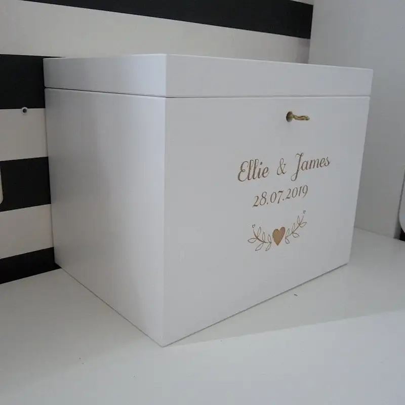 Personalized White Wedding Wooden Card box with Slot, Engraved Greeting Cards Collection Box for Weddings Birthdays Graduations