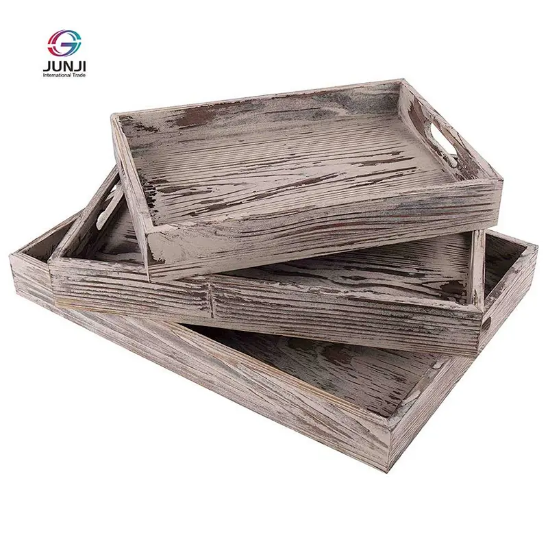 Decorated natural wooden dinner plate - rustic retro style - 3-piece set in different sizes