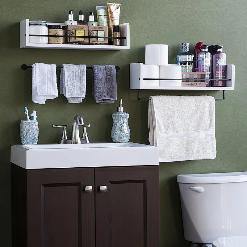 Wooden Shelf with Towel Bar  Organize  Store  and Display Items While Hanging a Towel Plank Shelf